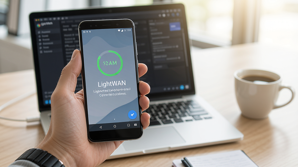 LightWAN移动端使用场景,画面展示一只手拿着安卓手机,手机屏幕显示LightWAN已连接状态,背景是办公室桌面,桌上有笔记本电脑和咖啡杯,整体光线明亮,风格写实,画质清晰,无多余杂物