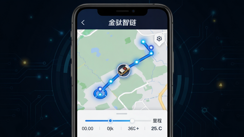 金驮智链在途定位轨迹回放界面图,画面展示手机屏幕内嵌地图,地图上有蓝色行驶轨迹线与车辆图标,下方显示时间轴与里程数据。背景为深色科技风格,突出定位光点与路线高亮。整体布局清晰,文字标注
