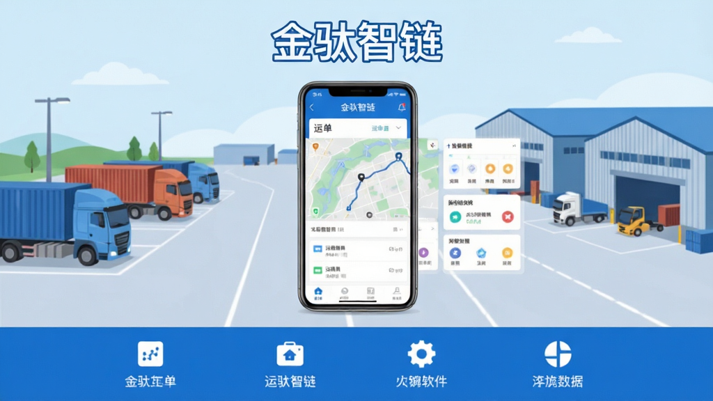 金驮智链物流协同软件主界面预览图,画面中央展示一部智能手机,屏幕内呈现金驮智链应用首页,包含运单列表、地图轨迹与数据卡片。背景为现代物流园区,有货车与仓库元素。整体布局简洁,上方为软件名称