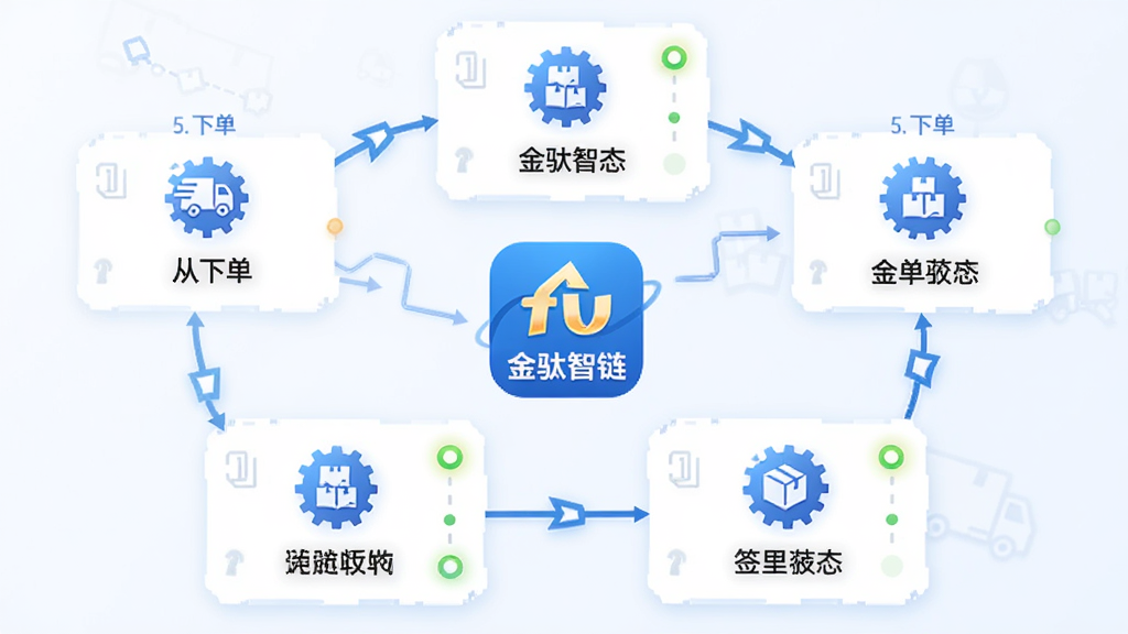 金驮智链全链路运单协同功能展示图,画面以流程图形式呈现从下单到签收的五个节点,每个节点配有对应图标与文字标签。中心位置放置