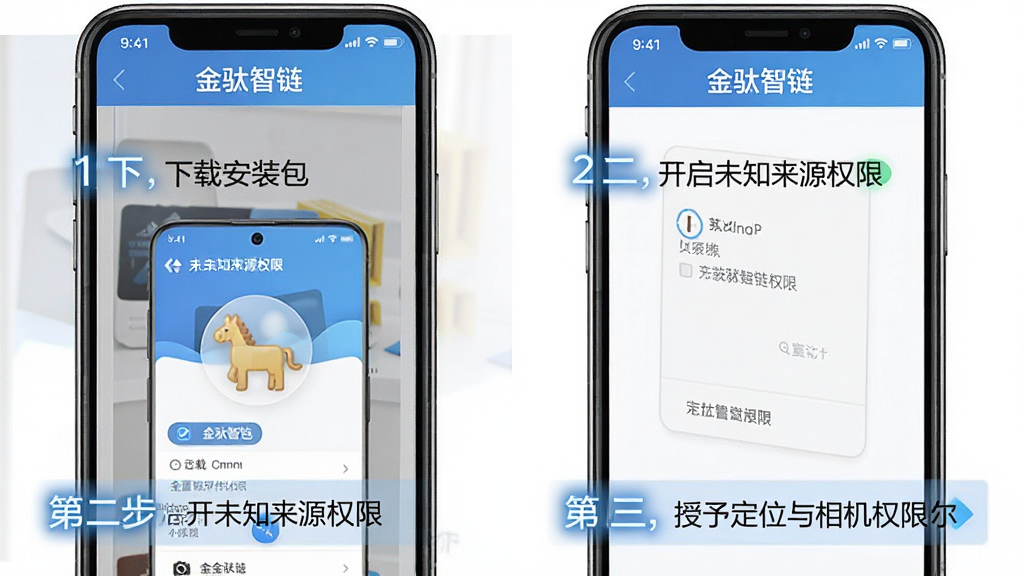 金驮智链新手安装与权限设置操作指引图,画面以手机屏幕截图形式分步展示:第一步下载安装包,第二步开启未知来源权限,第三步授予定位与相机权限。每步配有编号与简短文字说明,软件名称