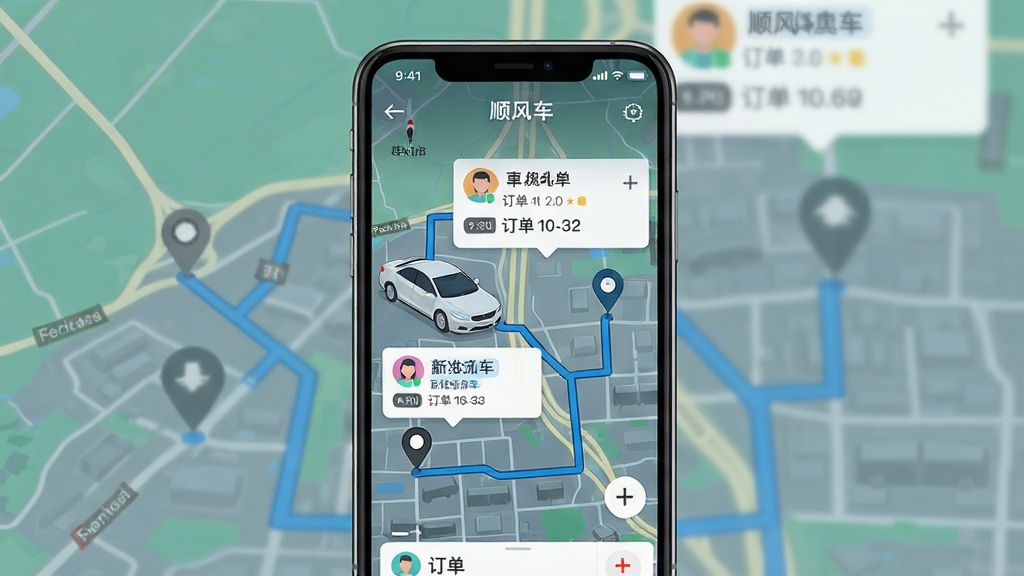 画面主体是手机屏幕中显示顺风车出行司机拼车应用的地图匹配界面,地图上标注起点与终点,多条路线以蓝色线条展示,乘客头像与订单信息以卡片形式浮在地图上方,布局为居中手机竖屏展示,排版简洁清晰,风格为扁平化UI风格,细节包含地图道路、定位图标、订单卡片、时间标签,画质高清,干净,无多余元素
