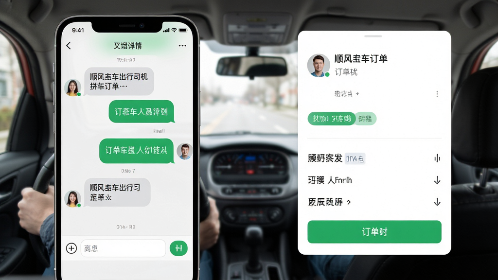 画面主体是顺风车出行司机拼车应用的聊天界面与订单详情页并排展示,左侧为聊天窗口,右侧为订单卡片,布局为左右分屏,排版整齐,风格为现代简约UI风格,细节包含聊天气泡、乘客头像、订单状态标签、按钮,画质高清,干净,无多余元素