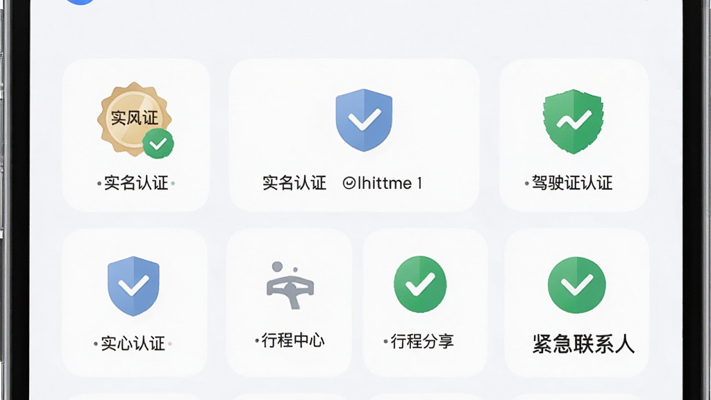 画面主体是顺风车出行司机拼车应用的安全中心页面,页面中显示实名认证、驾驶证认证、行程分享、紧急联系人等功能图标,布局为手机竖屏居中展示,排版为网格状图标排列,风格为清爽浅色UI风格,细节包含认证徽章、盾牌图标、绿色安全标识,画质高清,干净,无多余元素