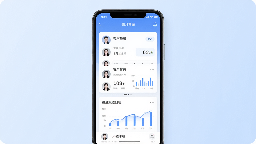 皓月营销手机应用主界面截图,画面中央是手机屏幕展示客户列表与跟进日程卡片,背景为淡蓝渐变,布局简洁,风格现代商务,细节包含图标与数据图表,画质清晰干净无多余元素