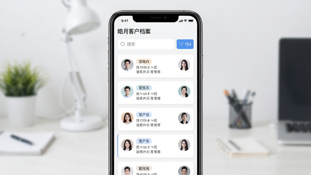 皓月营销客户档案管理界面,画面中央展示手机屏幕中排列整齐的客户信息卡片,每张卡片带标签与头像,布局为纵向列表,风格清爽简约,细节有搜索框与筛选按钮,画质清晰干净