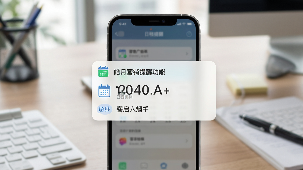 皓月营销智能提醒功能展示图,画面中央是手机弹出日程提醒通知,背景为办公桌面,布局突出通知卡片与时间信息,风格写实商务,细节有日历图标与客户姓名,画质清晰干净