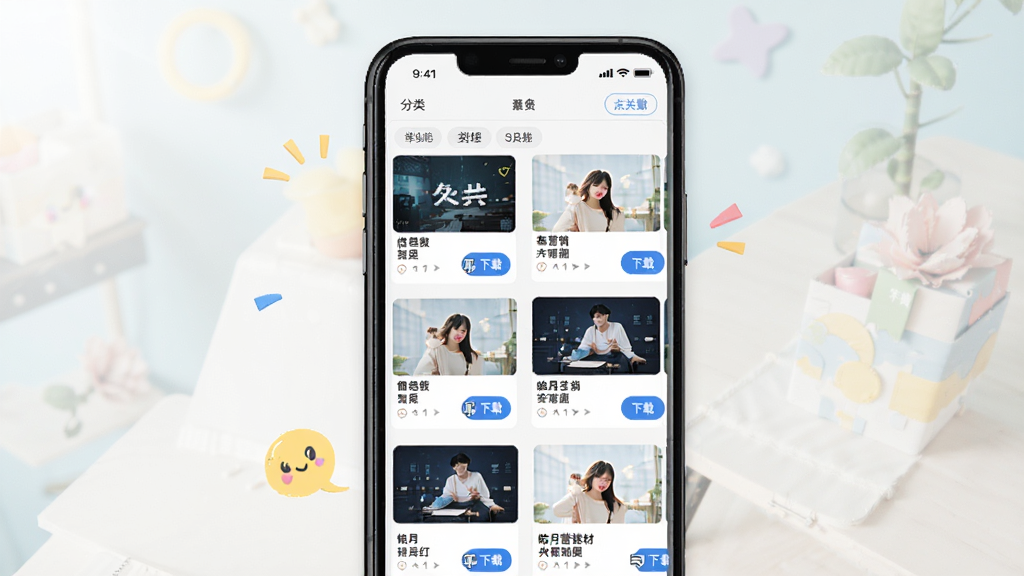 皓月营销素材库界面,画面中央是手机屏幕展示图文素材网格排列,每项带缩略图与标题,布局为两列瀑布流,风格明亮活泼,细节有分类标签与下载按钮,画质清晰干净