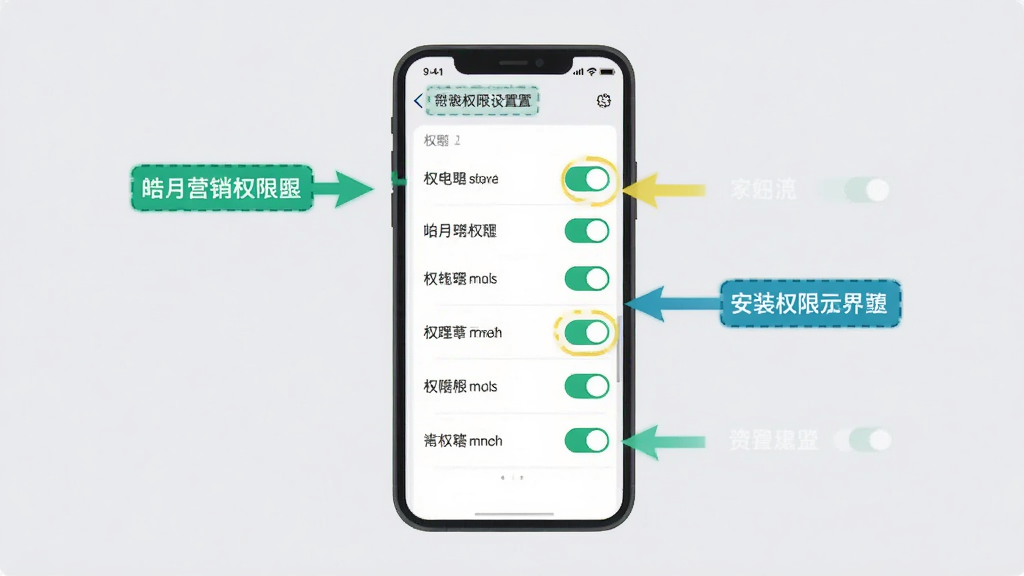 皓月营销安装权限设置界面示意图,画面中央为手机屏幕显示权限开关列表,背景浅灰,布局清晰,风格扁平化,细节有高亮标注与箭头指引,画质干净整洁