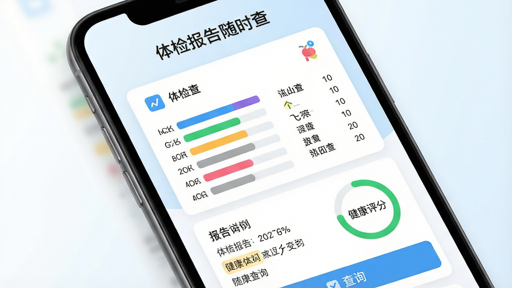 手机屏幕内展示体检报告随时查软件主界面,画面中央是一份完整的体检报告单,各项指标以彩色条形图和数据列表呈现,背景是干净的白色与浅蓝色渐变,布局为上下结构,上方是软件名称体检报告随时查,下方是报告详情和查询按钮,风格为现代扁平化设计,细节包括图标、数值高亮、健康评分圆环,画质为高清2K,干净无多余元素