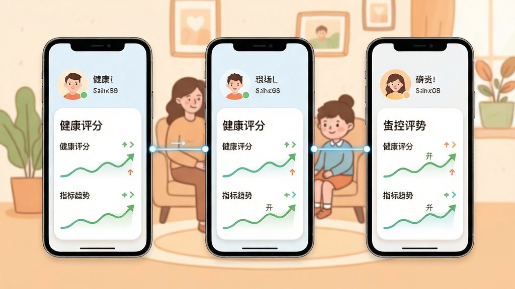 体检报告随时查家庭健康共享功能示意图,画面中展示三部手机并排,每部手机屏幕显示不同家庭成员的体检报告摘要,中间有连接线表示数据共享,背景为温馨的家庭场景简笔画,布局为横向排列,风格为柔和圆角卡片式设计,细节包括头像、健康评分、指标趋势箭头,画质为高清2K,干净无多余元素