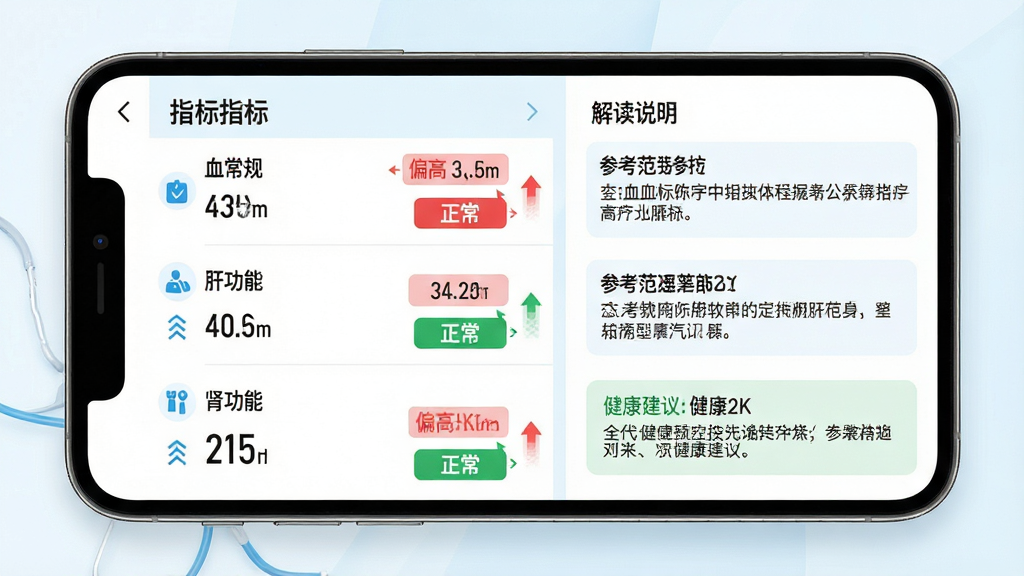 体检报告随时查软件功能展示图,画面主体是一部智能手机,屏幕中显示体检指标解读页面,包含血常规、肝功能、肾功能等项目的数值和参考范围,偏高指标用红色标注,正常指标用绿色标注,布局为左右分栏,左侧是指标列表,右侧是解读说明,风格为清新医疗风,细节包括图标、箭头指示、健康建议文本框,画质为高清2K,干净整洁