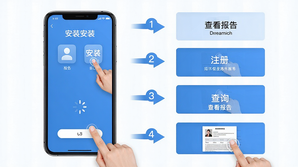 体检报告随时查使用教程示意图,画面展示一部手机屏幕,屏幕上分步骤显示安装、注册、查询、查看报告四个操作界面,每个步骤配有箭头和编号,布局为纵向流程图,风格为简洁教程风,细节包括手指点击图标、加载动画、报告单缩略图,画质为高清2K,干净无多余元素