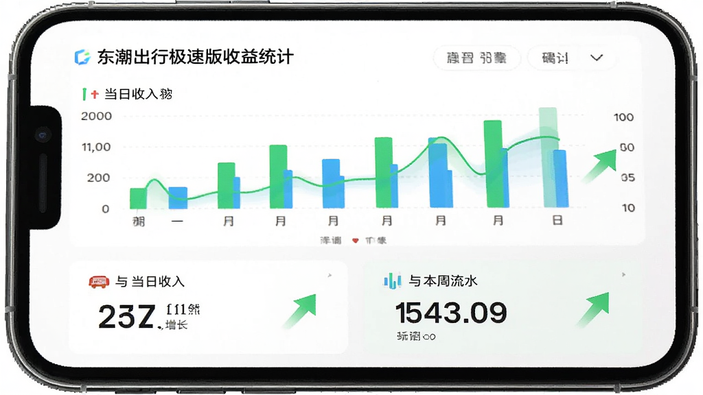 一张展示东潮出行极速版收益统计界面的图片,画面主体为手机屏幕,屏幕上显示柱状图和数字卡片,展示当日收入与本周流水,布局为上下结构,风格为简洁数据可视化,细节上突出绿色增长箭头与清晰数字,画质高清,画面干净,无多余元素