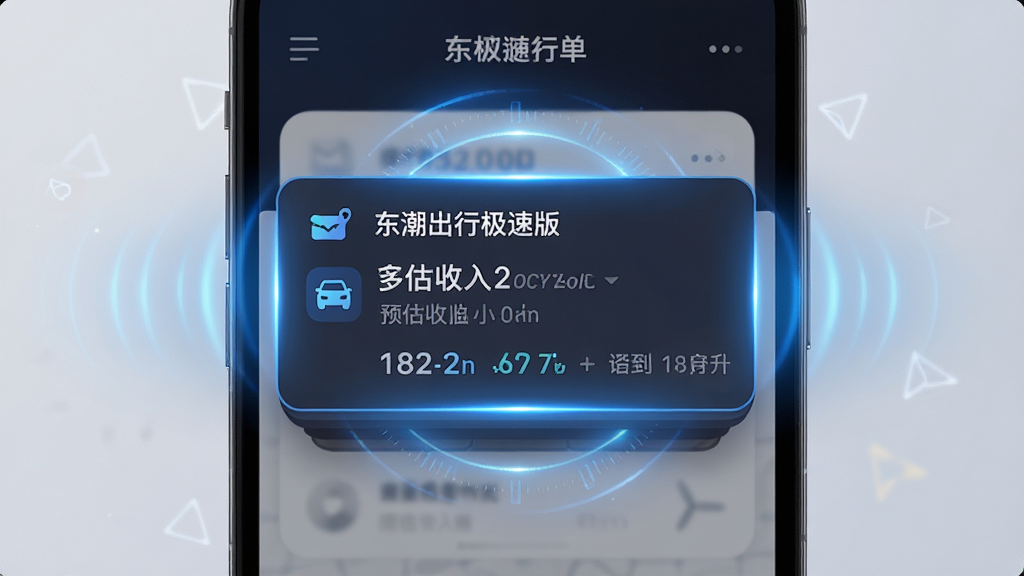 一张展示东潮出行极速版智能抢单功能的图片,画面主体为手机屏幕特写,屏幕中央弹出一条醒目的订单推送卡片,包含距离、预估收入等信息,周围有光效强调极速响应,布局为居中构图,风格为科技感UI展示,细节上突出蓝色光晕与卡片阴影,画质高清,画面干净,无多余元素