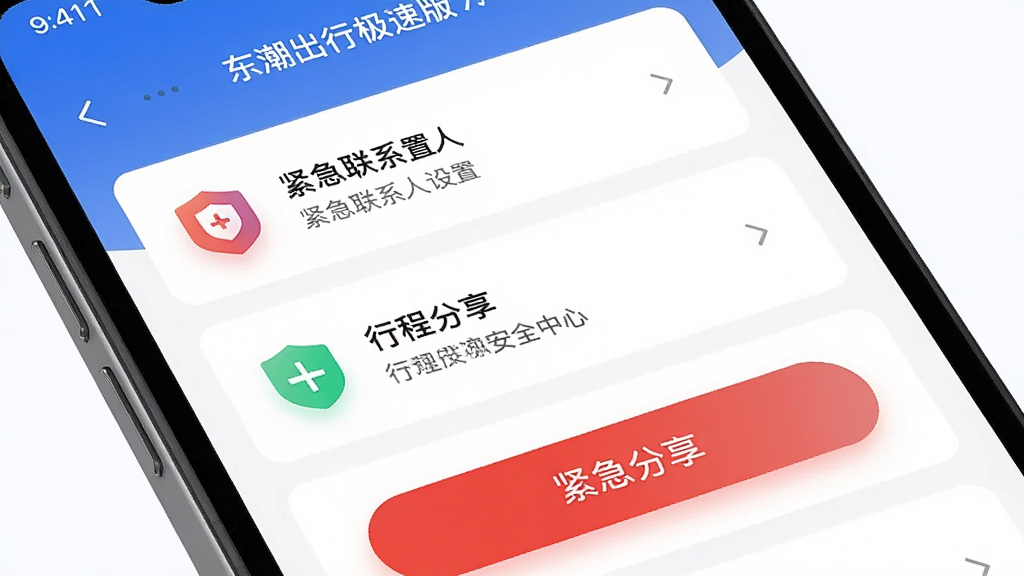一张展示东潮出行极速版安全中心功能的图片,画面主体为手机屏幕,屏幕显示紧急联系人设置与行程分享按钮,布局为列表式排列,风格为安全防护类UI设计,细节上突出红色紧急按钮与盾牌图标,画质高清,画面干净,无多余元素