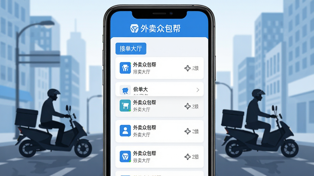 手机屏幕上显示外卖众包帮应用界面,画面中央是骑手接单大厅列表,背景为城市街道与电动车骑手剪影,界面顶部有“外卖众包帮”文字标识,整体采用蓝白配色,扁平化设计风格,细节清晰,画质干净,无多余元素