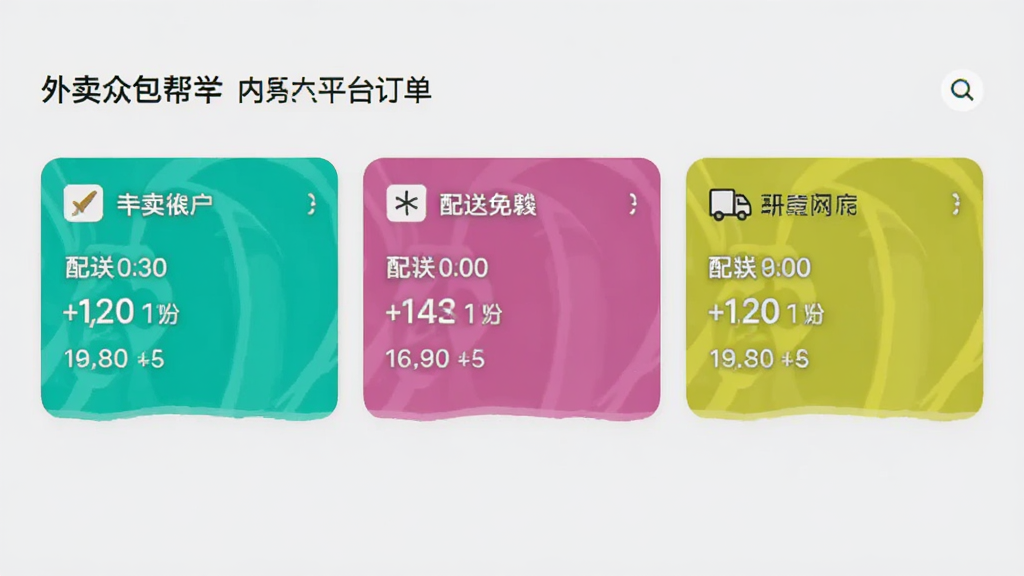 外卖众包帮应用内多平台订单聚合界面,画面展示三个不同颜色的订单卡片并列排布,每张卡片标注平台名称与配送信息,背景为浅灰色,界面简洁现代,文字清晰可读,画质干净,无多余元素