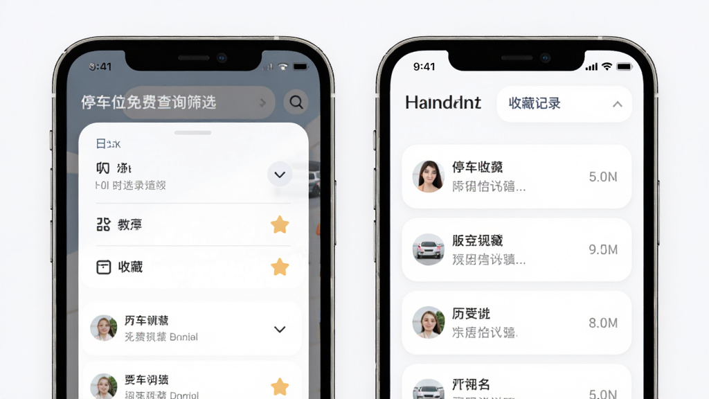 停车位免费查询筛选与收藏功能界面,主体为手机屏幕中筛选面板与收藏列表并排展示,布局为左右分栏式排版,风格为柔和圆角卡片设计,细节包含下拉筛选控件、星标收藏图标、历史记录条目,画质高清干净无多余元素