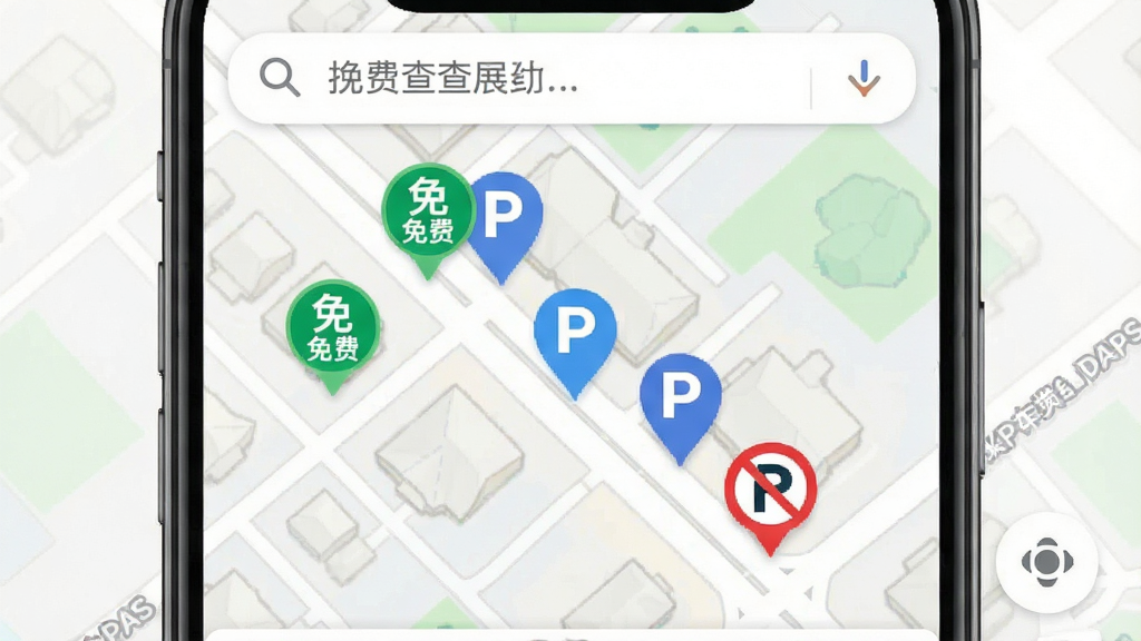 停车位免费查询周边检索功能展示,主体为手机地图界面中多个彩色停车标记点沿街道分布,布局为地图全屏铺满搭配顶部搜索栏,排版层次分明,风格为清新浅色系移动端设计,细节包含绿色免费标识、蓝色收费标识、红色禁停标识,画质清晰干净无多余元素