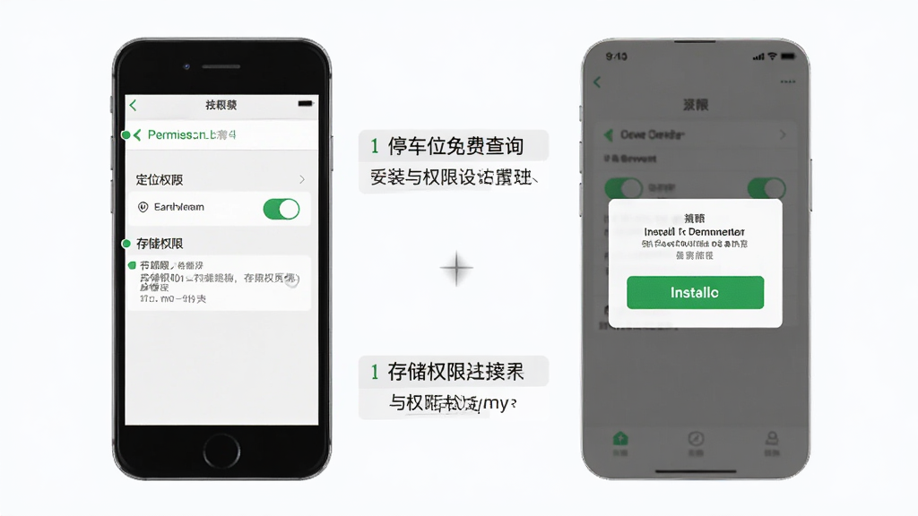 停车位免费查询手机安装与权限设置示意图,主体为手机屏幕中显示权限管理页面与安装确认弹窗,布局为上下分步展示,风格为简洁教程风格,细节包含定位权限开关、存储权限提示、安装按钮,画质清晰干净无多余元素