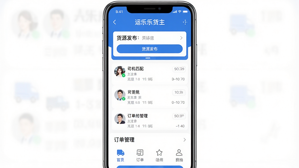运乐乐货主APP手机界面展示,画面中央是一部智能手机,屏幕上显示运乐乐货主应用的主页,布局清晰,上方是货源发布入口,中间是司机匹配列表,下方是订单管理区域,整体采用蓝色与白色为主的商务风格,界面干净整洁,文字清晰可辨,包含“运乐乐货主”应用名称,画质高清,无多余元素