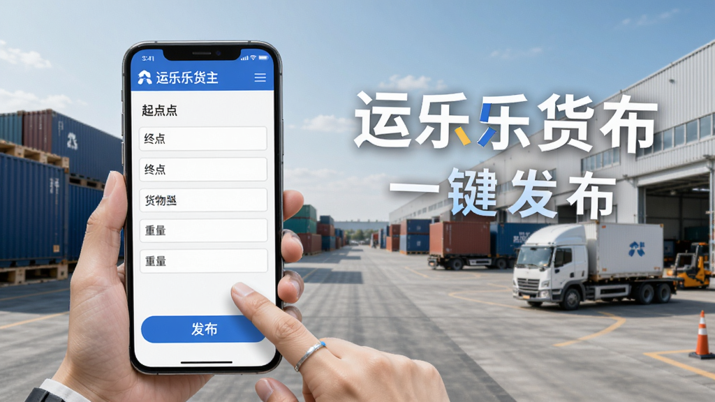 运乐乐货主一键发布货源功能展示,画面中一只手正在点击手机屏幕上的发布按钮,屏幕显示货源信息填写表单,包括起点终点、货物类型、重量等字段,背景为现代物流园区场景,风格简洁商务,画质清晰,文字包含“运乐乐货主”和“一键发布”