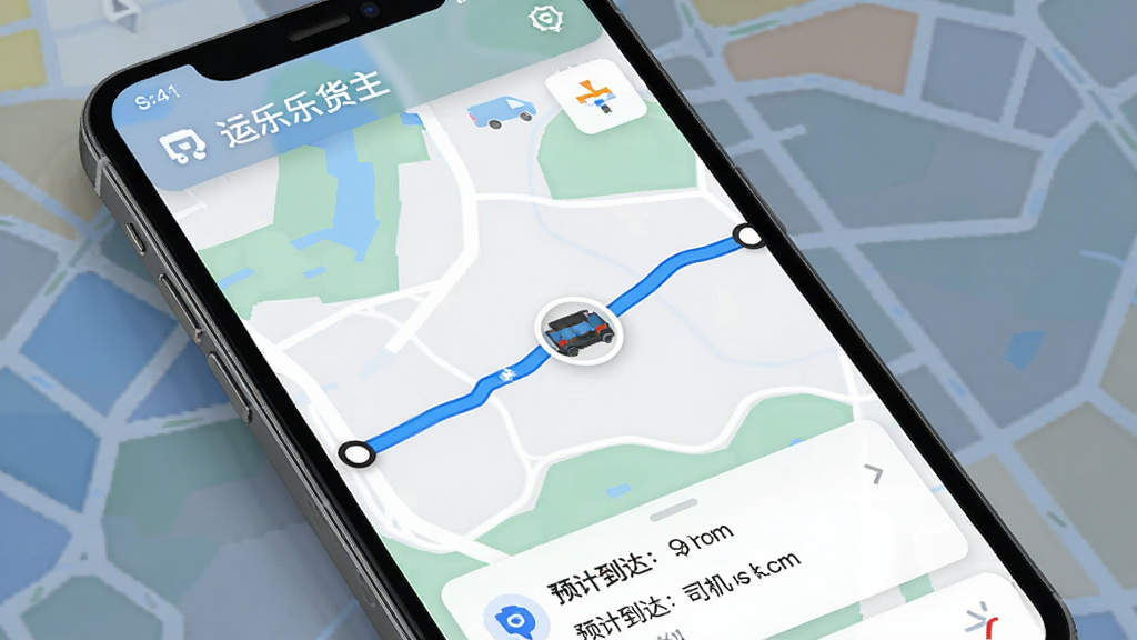运乐乐货主在途轨迹跟踪功能展示,手机屏幕显示地图界面,一条蓝色路线连接起点与终点,车辆图标位于路线中间,下方显示预计到达时间和司机联系方式,背景为抽象地图纹理,风格现代简约,画质清晰,界面中包含“运乐乐货主”名称