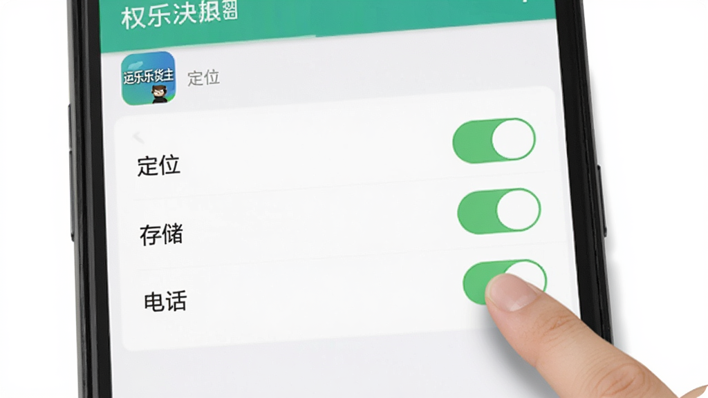 运乐乐货主安卓手机安装权限设置示意图,画面展示手机设置界面中的权限管理页面,定位、存储、电话等权限开关清晰可见,旁边有手指点击操作,风格简洁教程风,画质清晰,界面中包含“运乐乐货主”应用图标