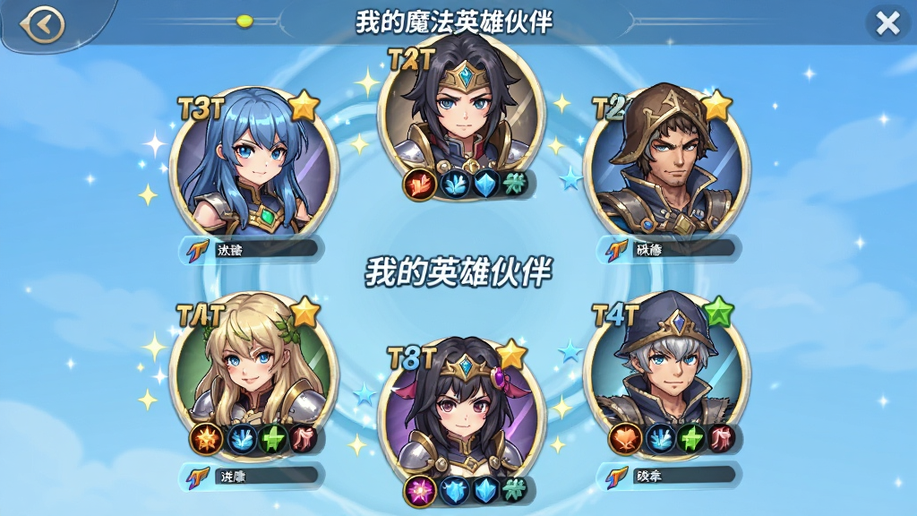 以“我的魔法英雄伙伴”角色收集界面为蓝本,主体为六位不同职业的二次元英雄半身像环绕排列,布局采用环形展示,风格为明亮清新的手游UI风格,细节包含稀有度标识、属性图标、碎片进度条与星光特效,画质高清,干净,无多余元素
