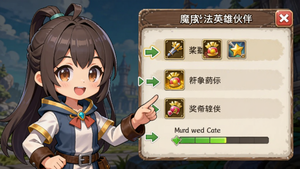 我的魔法英雄伙伴新手引导界面,主体为一位二次元向导角色正在指点屏幕上的任务列表,布局采用左侧角色右侧UI的横向构图,风格为友好教学风格,细节包含箭头指引、奖励图标与进度条,画质高清,干净,无多余元素