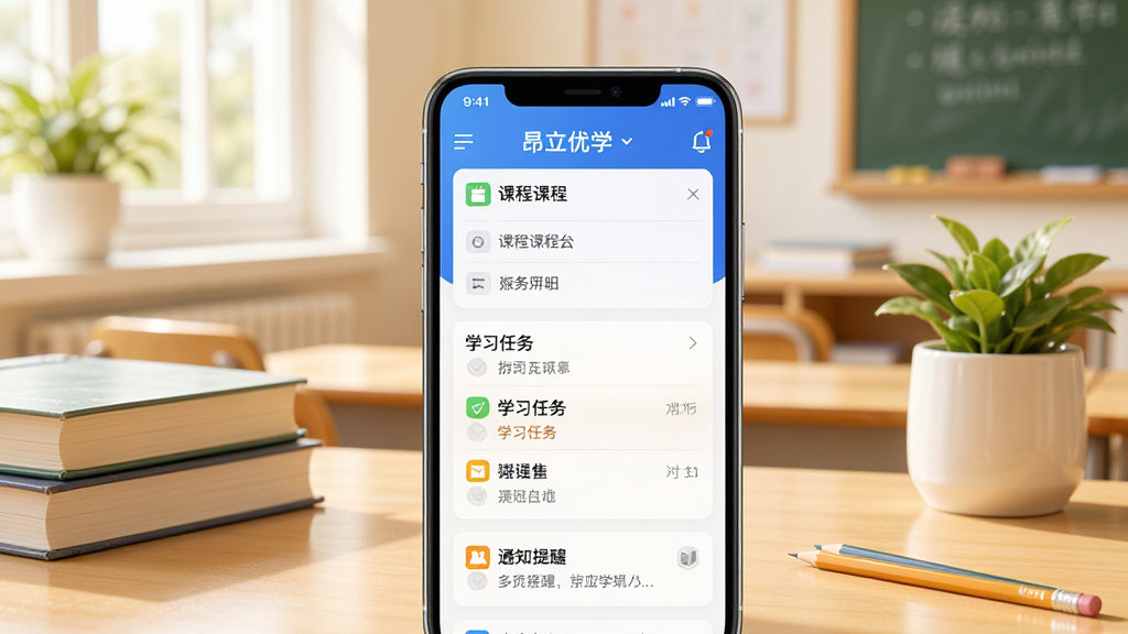 昂立优学学生APP主界面展示,画面中央是一部智能手机,屏幕上显示着课程表、学习任务列表和通知提醒,背景是明亮温馨的教室场景,风格清新简洁,细节包括书本、铅笔和绿植,画质清晰,干净,无多余元素