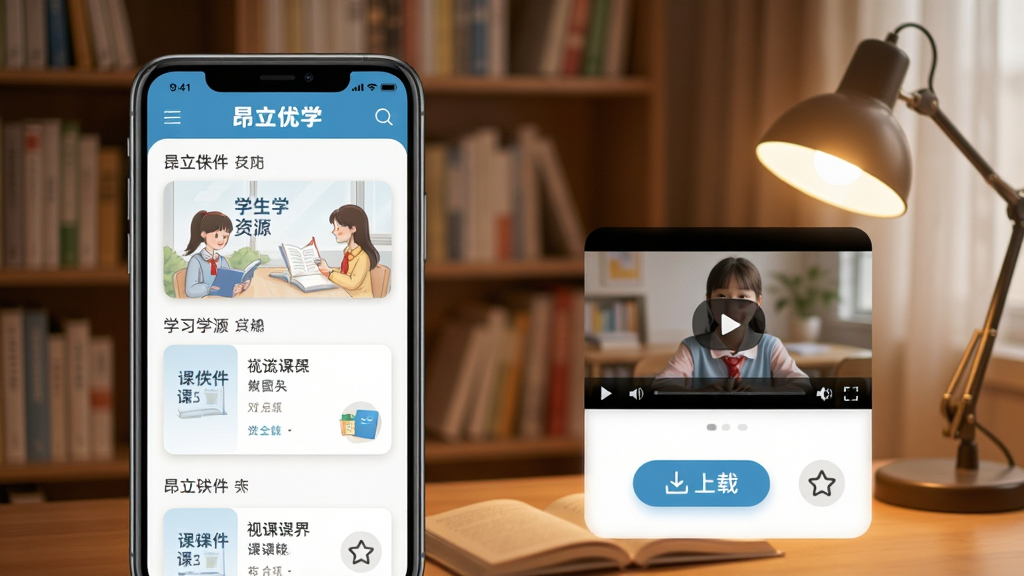 昂立优学学生学习资源页面,手机屏幕显示课件列表和视频播放界面,有下载按钮和收藏图标,背景是书房环境,有书架和台灯,风格温馨学习氛围,画质清晰,干净,无多余元素