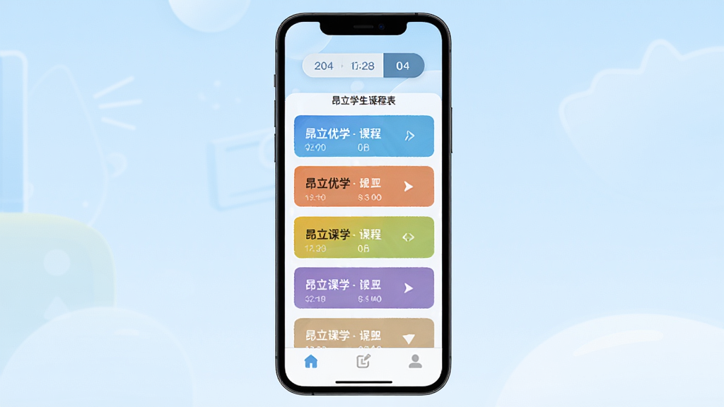 昂立优学学生课程表界面,手机屏幕显示一周课程安排,不同颜色标注不同科目,顶部有日期切换按钮,底部有导航栏,背景为浅蓝色渐变,风格简约现代,画质清晰,干净,无多余元素