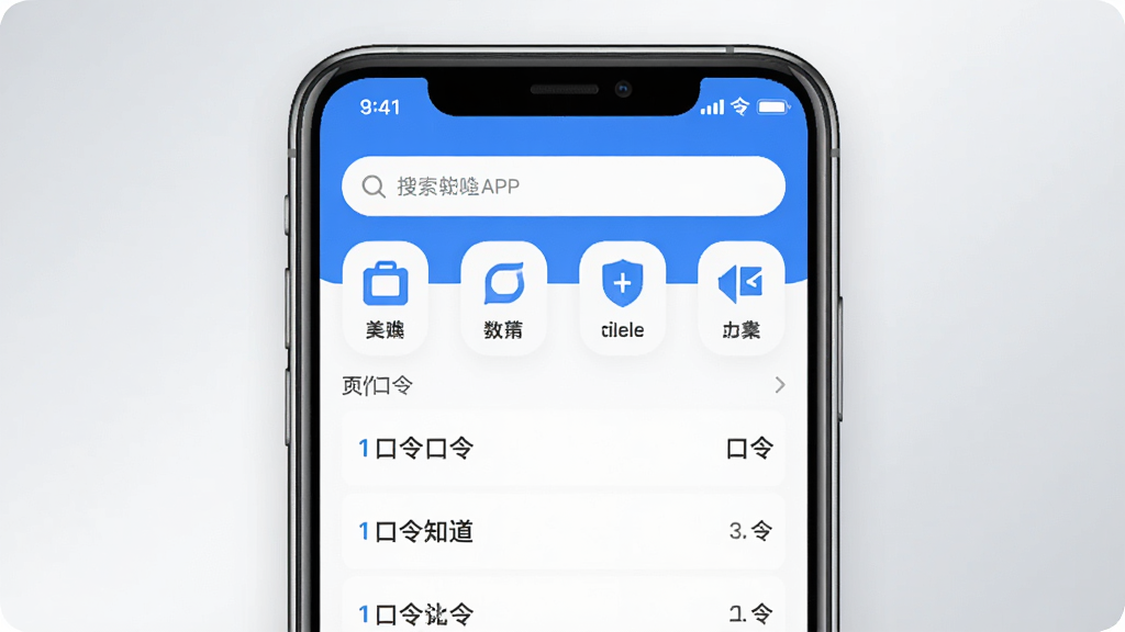 口令知道软件主界面截图,画面中央展示手机屏幕,屏幕内是口令知道APP的首页,顶部有搜索框,下方是分类图标和口令列表,整体配色以蓝白为主,风格简洁现代,背景为浅灰色渐变,画质清晰,干净,无多余元素
