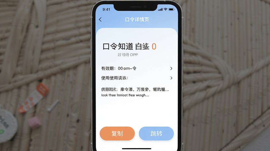 口令知道APP的口令详情页截图,画面中手机屏幕显示一条口令的详细信息,包括口令内容、有效期、使用说明,底部有醒目的复制按钮和跳转按钮,界面风格清新,配色柔和,画质清晰,干净,无多余元素