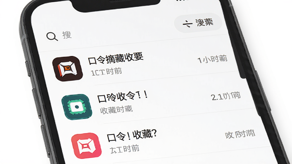 口令知道APP的收藏夹界面截图,画面中手机屏幕显示收藏列表,每条收藏有平台图标、口令摘要和收藏时间,顶部有搜索和排序按钮,背景为白色,风格简约,细节丰富,画质高,干净,无多余元素