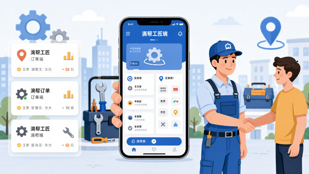 软件名称滴帮工匠端,主体是一个穿着蓝色工装的维修师傅手持智能手机,背景是城市社区与工具箱元素,布局采用左中右结构,左侧展示订单卡片列表,中间突出手机屏幕上的滴帮工匠端界面,右侧是工匠与用户握手场景,排版简洁清晰,风格为扁平化商务插画风,细节包含齿轮、扳手、定位图标,画质高清干净无多余元素