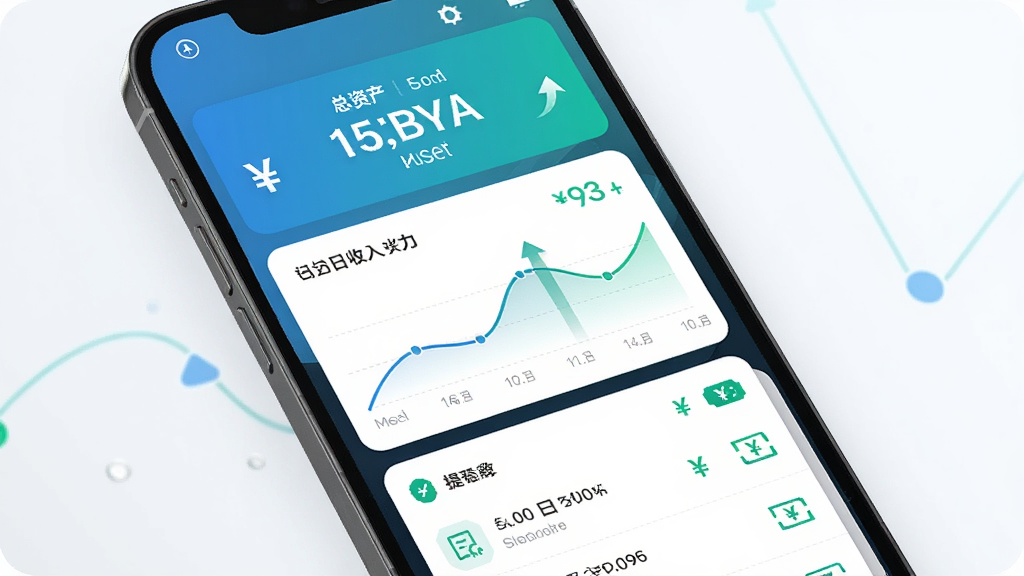 滴帮工匠端收益钱包功能展示图,主体是手机屏幕显示钱包余额与提现按钮,布局采用卡片式设计,上方是总资产数字,中部是近七日收入折线图,下方是提现记录列表,风格为清新金融科技风,细节包含人民币符号、上升箭头、账单图标,画质高清干净无多余元素
