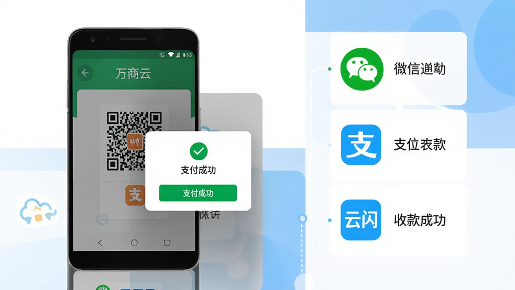 万商云多渠道聚合收款功能展示图,画面主体为一部安卓手机置于画面中央偏左,屏幕显示收款码页面与支付成功弹窗,右侧以简洁的信息图形式排列微信、支付宝、云闪付等支付方式图标,背景为干净的白色与浅蓝色块拼接,风格扁平化商务,细节清晰,画质高清,无多余元素,图中出现“万商云”与“收款成功”中文字样
