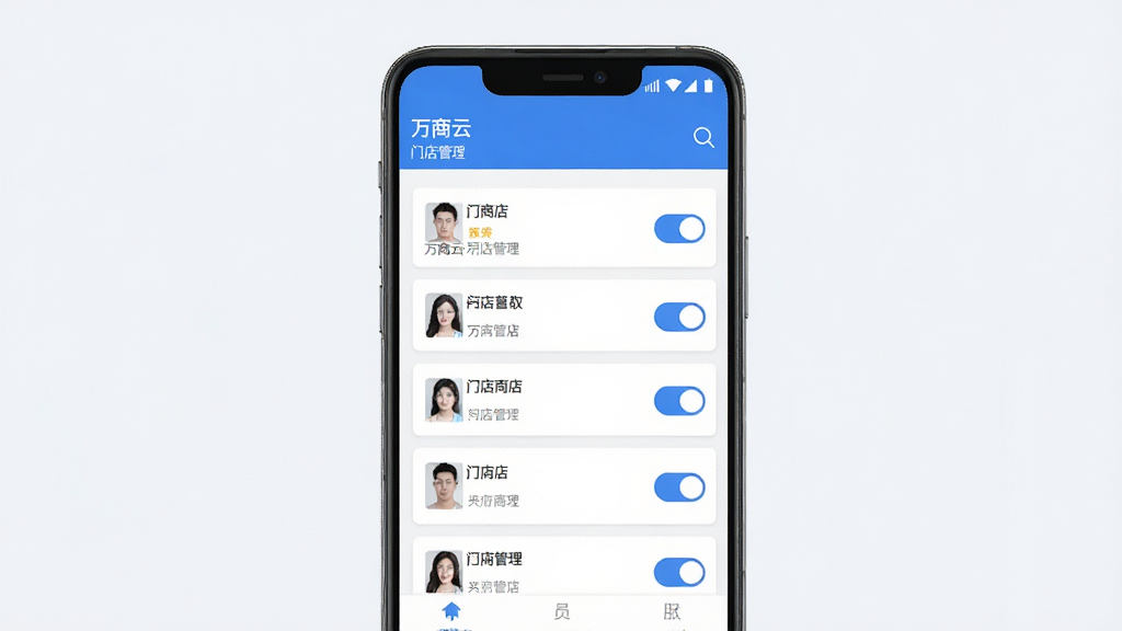 万商云门店管理功能界面图,画面中央展示一部安卓手机,屏幕内呈现门店列表与员工权限设置页面,列表中显示多个门店卡片与开关按钮,背景为浅灰白色,布局为上下结构,风格简约商务,细节锐利,画质干净,无多余元素,屏幕文字包含“万商云”与“门店管理”