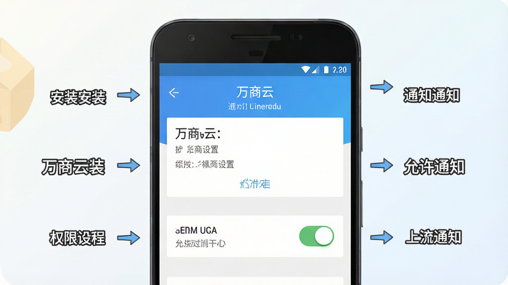 万商云新手安装设置流程图,画面为一部安卓手机特写,屏幕显示权限设置页面与通知开关,周围以简洁箭头标注安装步骤,背景为浅色渐变,风格扁平化信息图,细节清晰,画质干净高清,无多余元素,图中包含“万商云”与“允许通知”中文字样