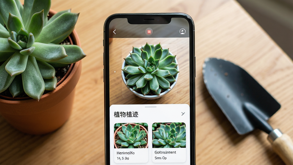 一张手机屏幕展示植迹应用主界面的场景图,画面中央是手机竖屏,屏幕内显示植迹APP的植物识别界面,上方有相机取景框对准一盆绿色多肉植物,下方显示植物名称和养护卡片。背景是木质桌面,旁边放着一盆真实的绿植和一把小铲子。整体布局简洁,排版清晰,风格为清新自然的生活摄影风,细节包括手机边框、屏幕反光、植物叶片纹理,画质高清,干净,无多余元素