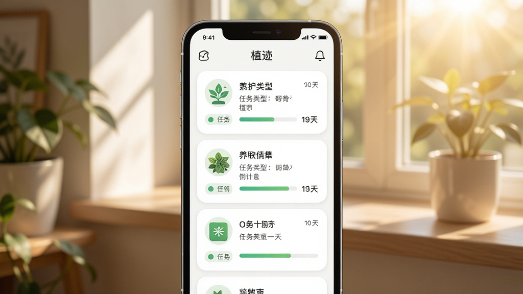 手机屏幕展示植迹应用的养护提醒界面,画面中有多盆不同植物的养护任务卡片,每张卡片显示植物名称、任务类型和倒计时天数。布局为手机竖屏居中,背景是温馨的室内窗台场景,有阳光照射。风格为清新简约的UI展示图,细节包括卡片圆角、图标样式、进度条颜色,画质高清,干净,无多余元素