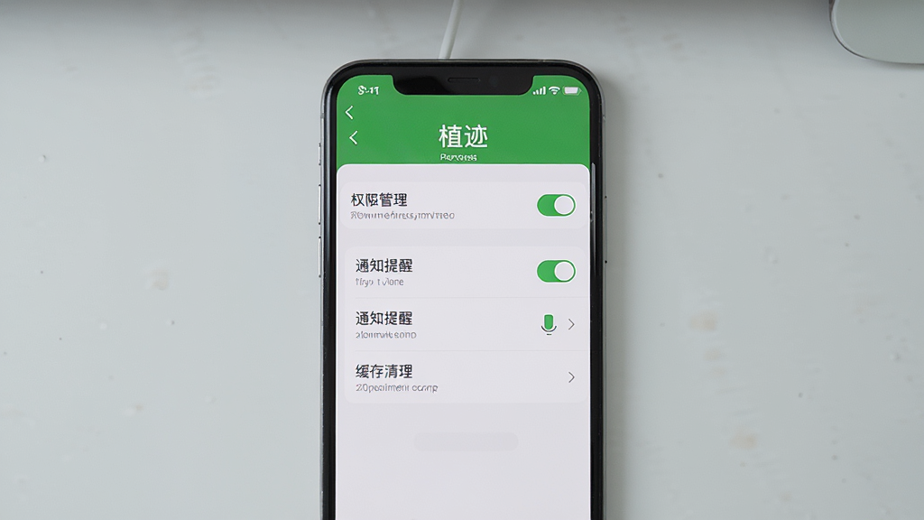 手机屏幕展示植迹应用的设置页面,画面中有权限管理、通知提醒、缓存清理等选项列表。布局为手机竖屏居中,背景是简洁的浅灰色桌面。风格为设置界面展示图,细节包括开关按钮、箭头图标、文字排版,画质清晰,干净,无多余元素