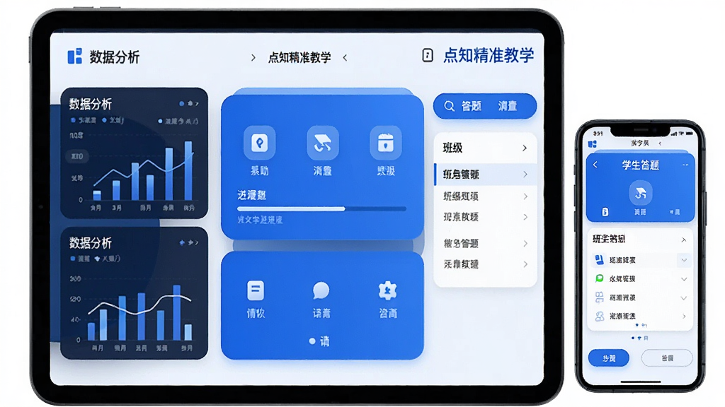 一款名为“点知精准教学”的智慧教育软件界面,主体为平板电脑与手机屏幕展示,布局中央为软件主界面,左侧为数据分析图表,右侧为学生答题界面,排版简洁清晰,风格为现代科技教育风,细节包括蓝色与白色配色、图标按钮、进度条、班级列表,画质高清,干净,无多余元素