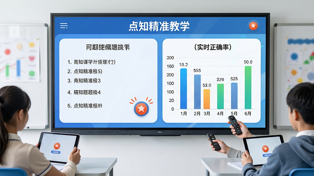 一张“点知精准教学”课堂互动场景的图片,主体为教室前方大屏幕显示答题统计,布局左侧为题目与选项,右侧为实时柱状图与正确率,排版动态,风格为现代课堂风,细节包括学生手持平板、教师遥控器、抢答按钮图标,画质高清,干净,无多余元素