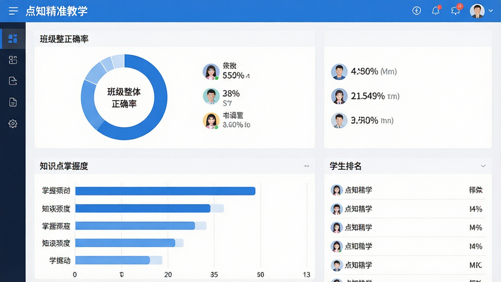 一张展示“点知精准教学”软件智能学情分析功能的界面截图,主体为数据仪表盘,布局上方为班级整体正确率环形图,下方为知识点掌握度条形图与学生排名列表,排版整齐,风格为简约商务风,细节包括蓝色主色调、百分比数字、学生头像小图标,画质高清,干净,无多余元素