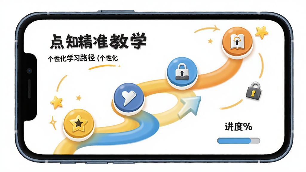 一幅展示“点知精准教学”个性化学习路径的图片,主体为手机屏幕显示学习路线图,布局为蜿蜒上升的路径,节点为知识点图标,排版生动,风格为卡通教育风,细节包括星星奖励、锁形图标、进度百分比,画质高清,干净,无多余元素