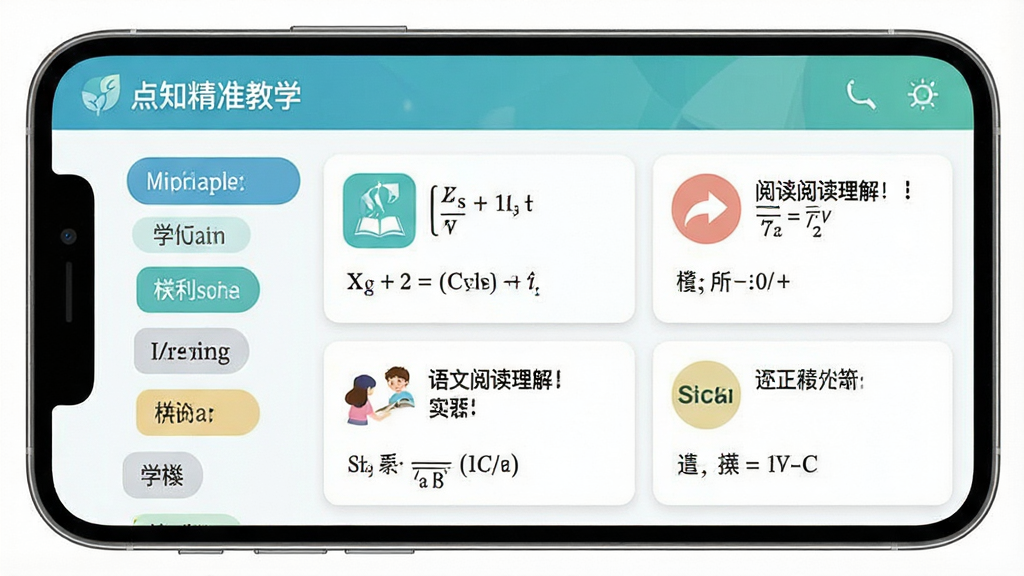 一幅展示“点知精准教学”软件题库资源页面的图片,主体为手机屏幕显示题目列表,布局左侧为学科分类标签,右侧为题目卡片,排版清晰,风格为清新教育风,细节包括数学公式、语文阅读理解、英语选择题等题型图标,画质高清,干净,无多余元素